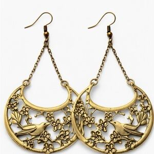 NWT Artisan Brass Bird Floral Filigree Crescent Chandelier Statement Earrings